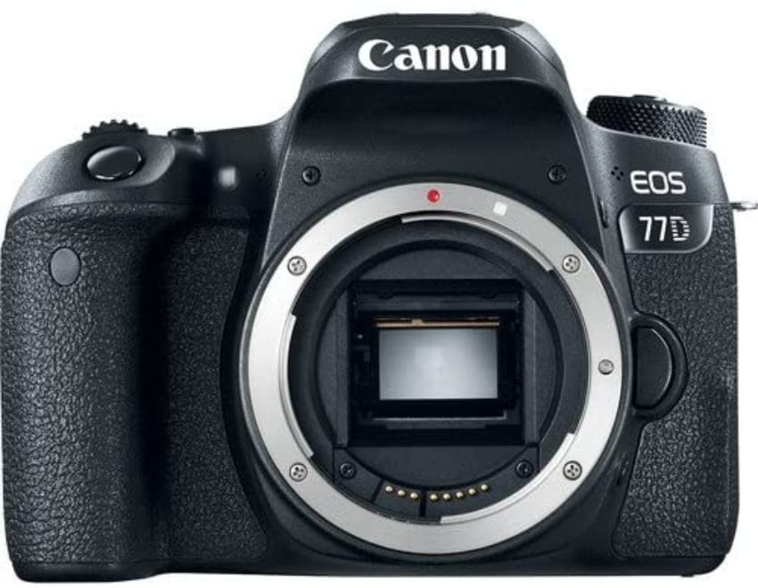 Canon EOS 77D pictured with no lens, camera body only
