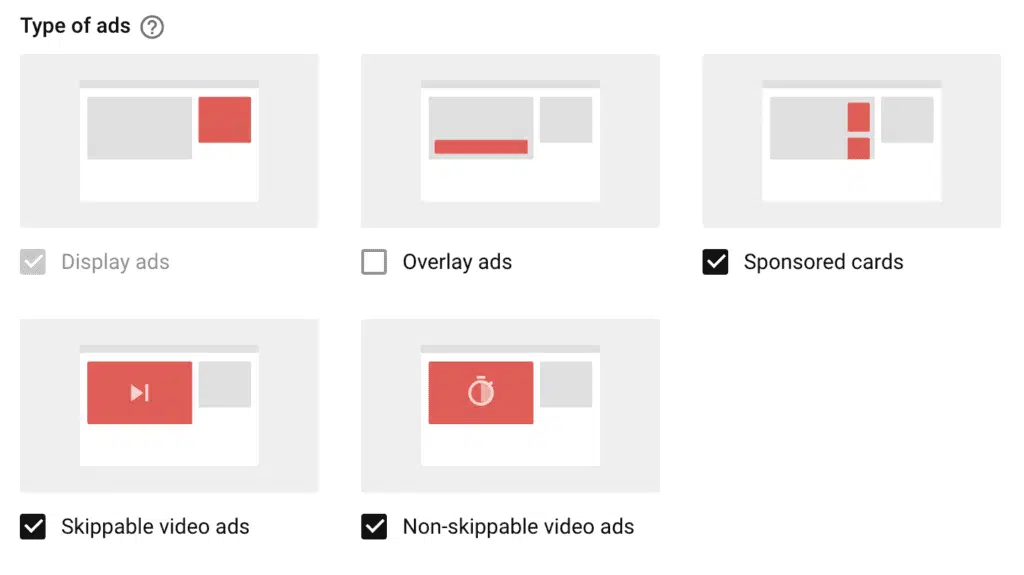 Ad selection screen on a YouTube video